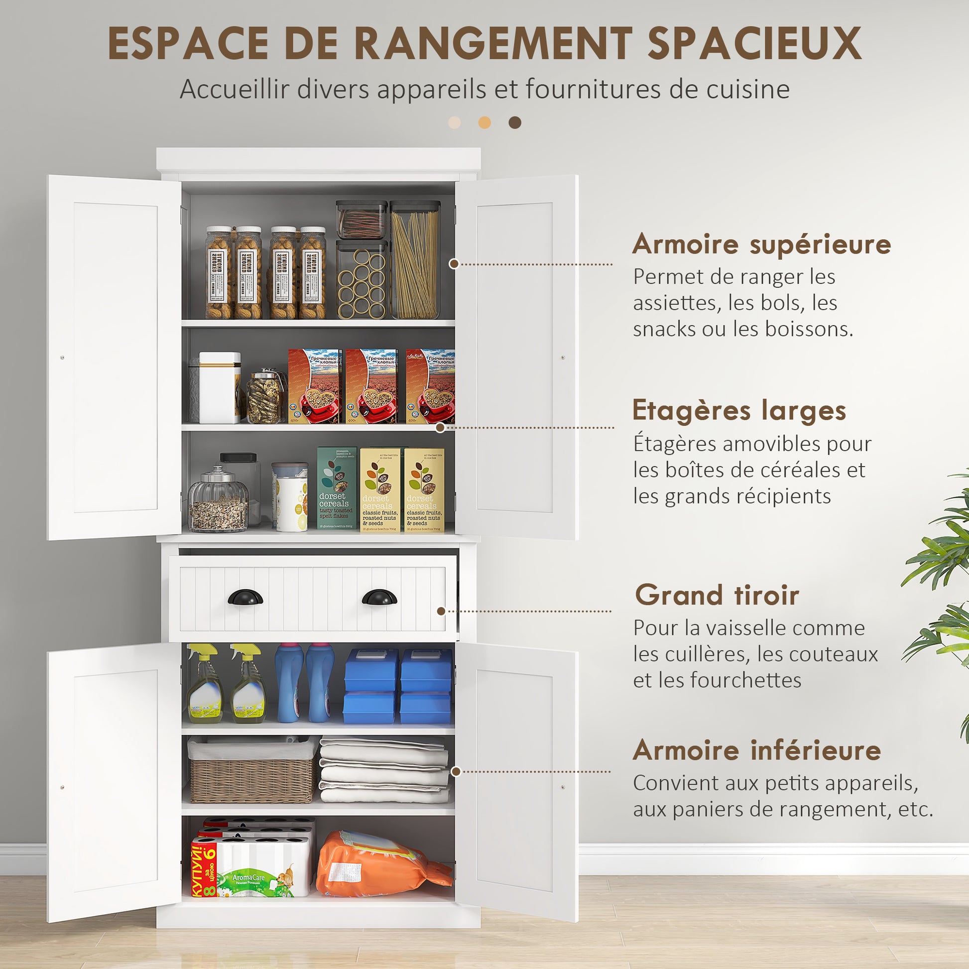 Kitchen Cabinet Buffet Modern Style Cupboard with Doors, Adjustable Shelves, and Drawer, Storage Unit for Dining Room, Living Room, 76.2 x 40.2 x 183 cm, White
