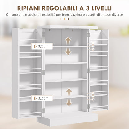 Kitchen Cabinet with 5 Central Shelves and 2 Side Shelves at 6 Levels, Kitchen Cabinet in MDF, 60x30x104 cm, White