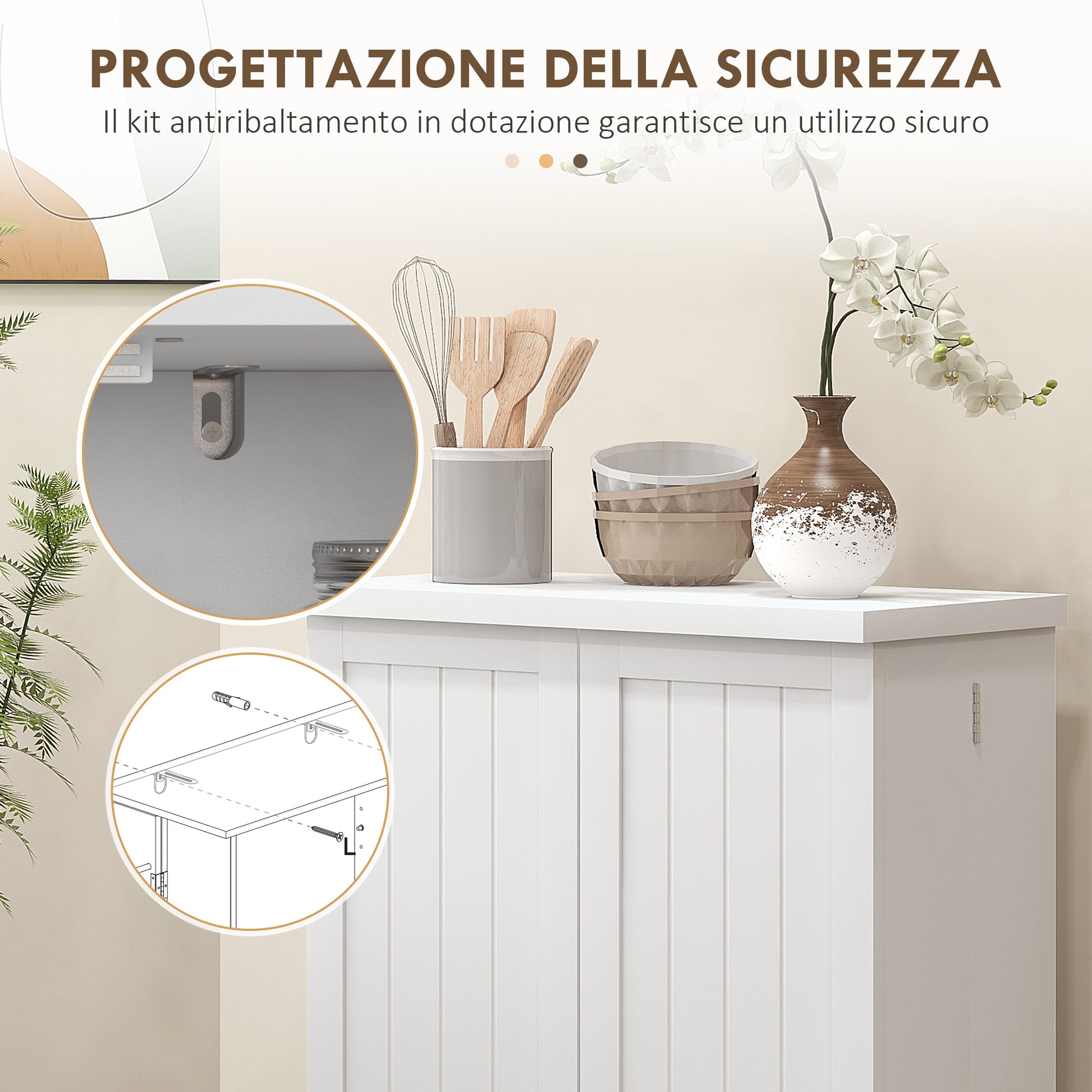 Kitchen Cabinet with 5 Central Shelves and 2 Side Shelves at 6 Levels, Kitchen Cabinet in MDF, 60x30x104 cm, White