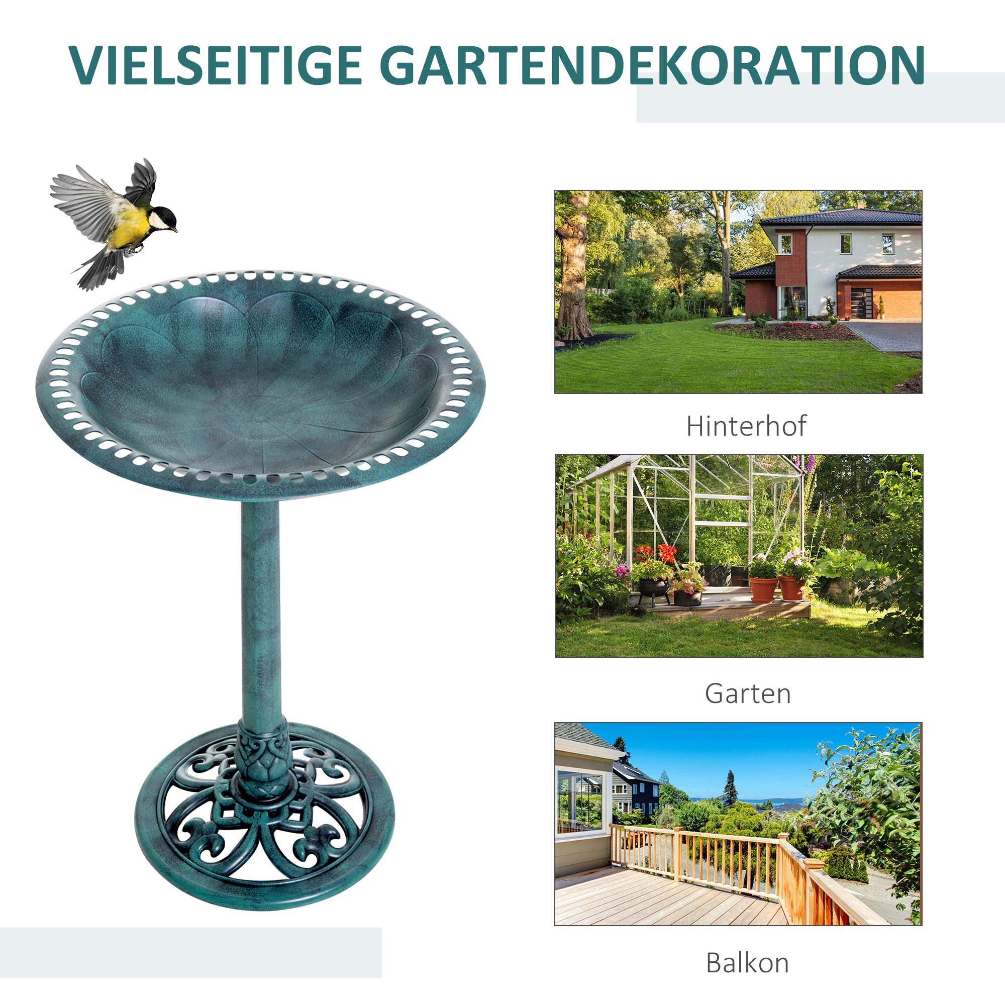 Classic Bird Bath Standing, Plastic Bird Bath with Stand, Bird Feeder for Wild Birds, Wild Bird Bath for Garden, Balcony, Bird Basin Height 69.5 cm, Green