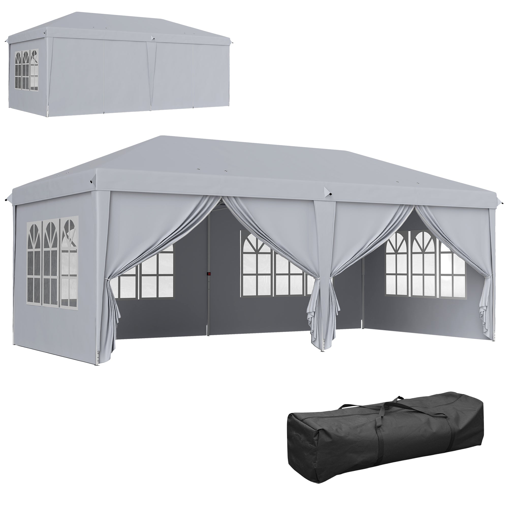 Folding Garden Gazebo 6 x 3 m Outdoor Pop-up Waterproof Gazebo with 4 Removable Side Walls 4 Windows + Carry Bag Light Gray