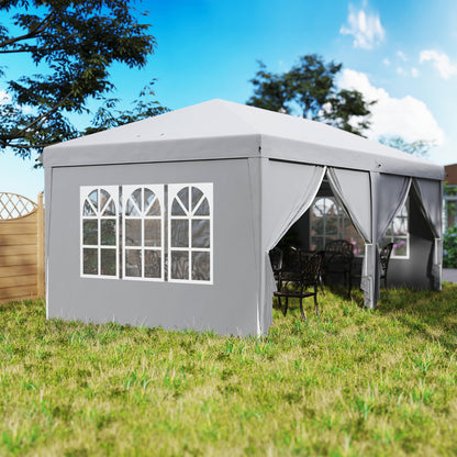 Folding Garden Gazebo 6 x 3 m Outdoor Pop-up Waterproof Gazebo with 4 Removable Side Walls 4 Windows + Carry Bag Light Gray