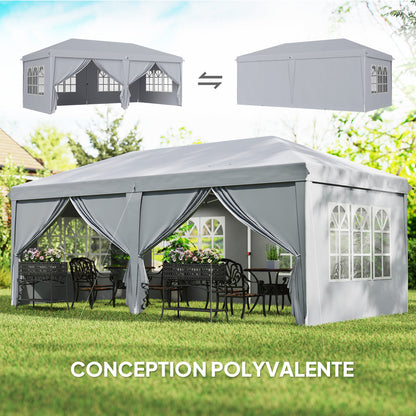 Folding Garden Gazebo 6 x 3 m Outdoor Pop-up Waterproof Gazebo with 4 Removable Side Walls 4 Windows + Carry Bag Light Gray