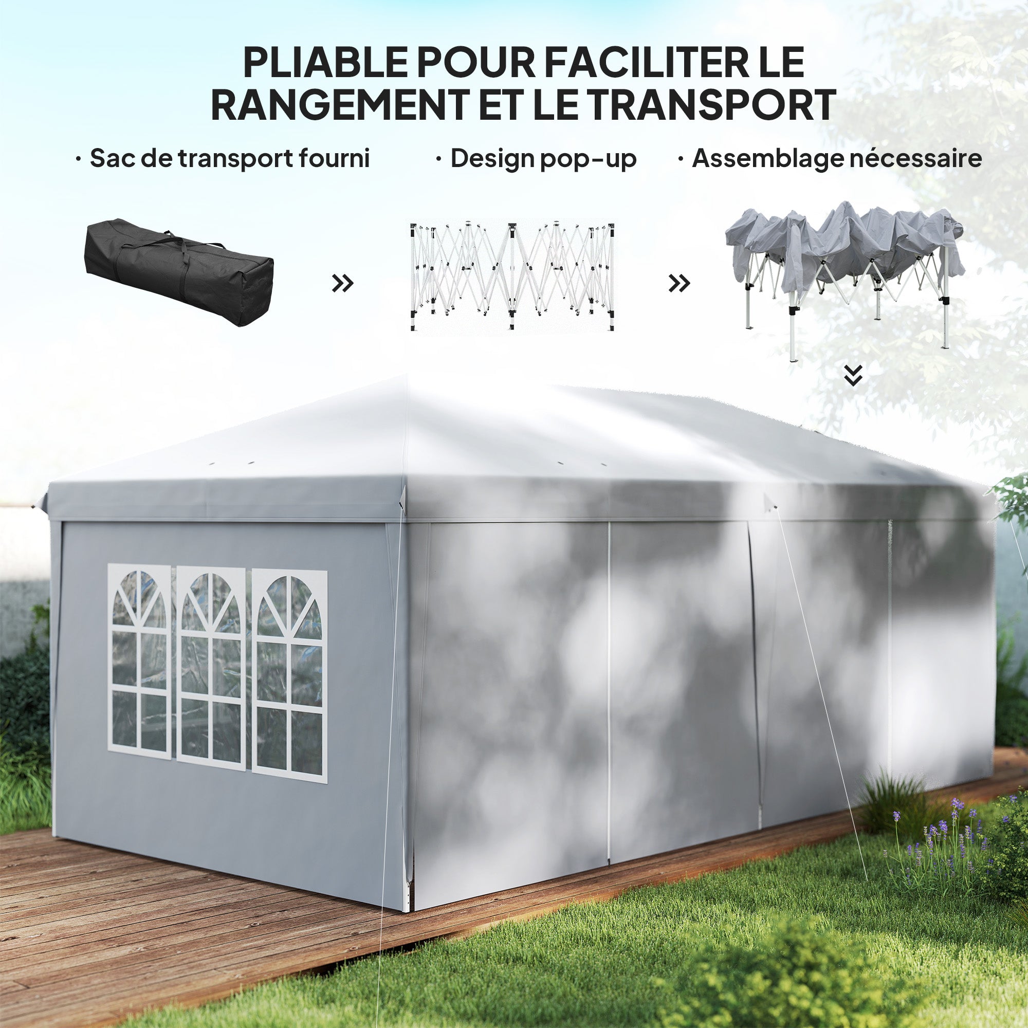 Folding Garden Gazebo 6 x 3 m Outdoor Pop-up Waterproof Gazebo with 4 Removable Side Walls 4 Windows + Carry Bag Light Gray