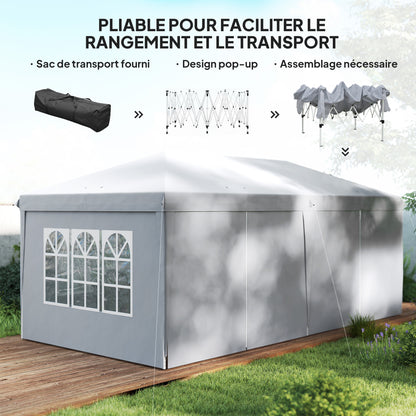 Folding Garden Gazebo 6 x 3 m Outdoor Pop-up Waterproof Gazebo with 4 Removable Side Walls 4 Windows + Carry Bag Light Gray