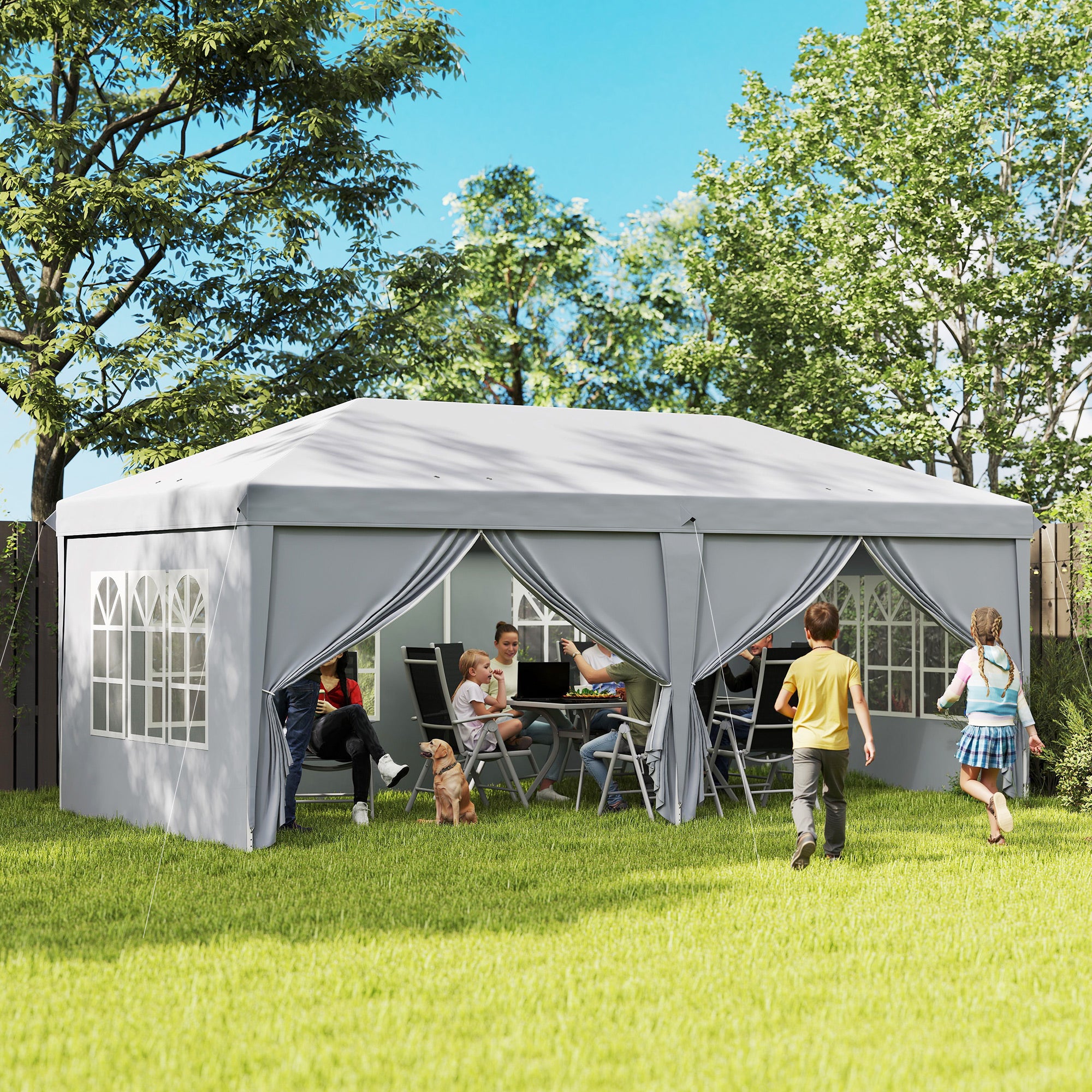 Folding Garden Gazebo 6 x 3 m Outdoor Pop-up Waterproof Gazebo with 4 Removable Side Walls 4 Windows + Carry Bag Light Gray