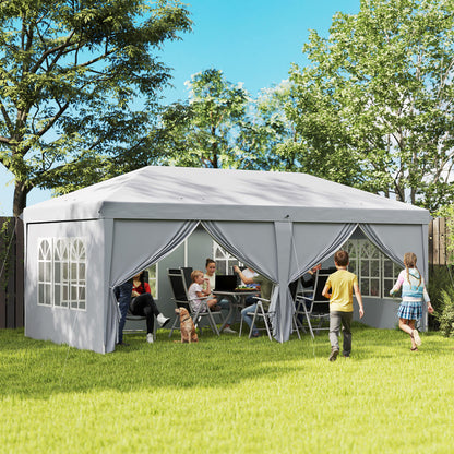 Folding Garden Gazebo 6 x 3 m Outdoor Pop-up Waterproof Gazebo with 4 Removable Side Walls 4 Windows + Carry Bag Light Gray