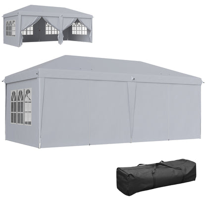 Folding Garden Gazebo 6 x 3 m Outdoor Pop-up Waterproof Gazebo with 4 Removable Side Walls 4 Windows + Carry Bag Light Gray