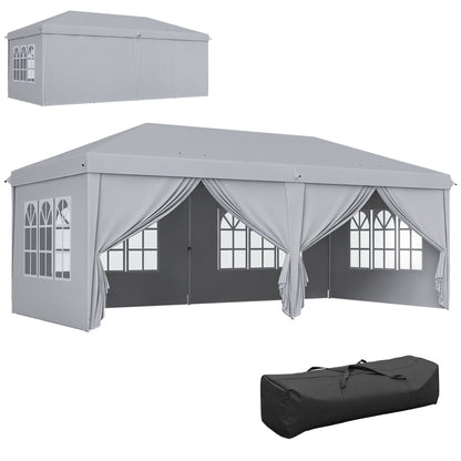 Folding Garden Gazebo 6 x 3 m Outdoor Pop-up Waterproof Gazebo with 4 Removable Side Walls 4 Windows + Carry Bag Light Gray