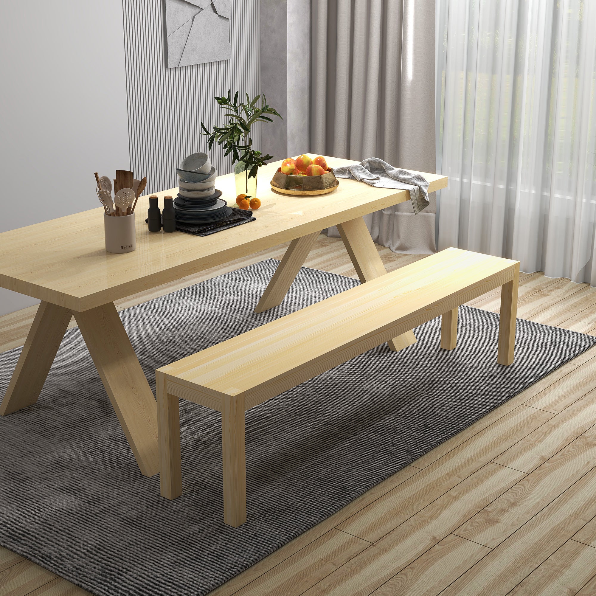 3-Seater Wooden Bench Country Style, Bench for Living Room, Kitchen, Entrance, Pine Wood, Load Capacity up to 330 kg, 175 x 33 x 45 cm, Natural