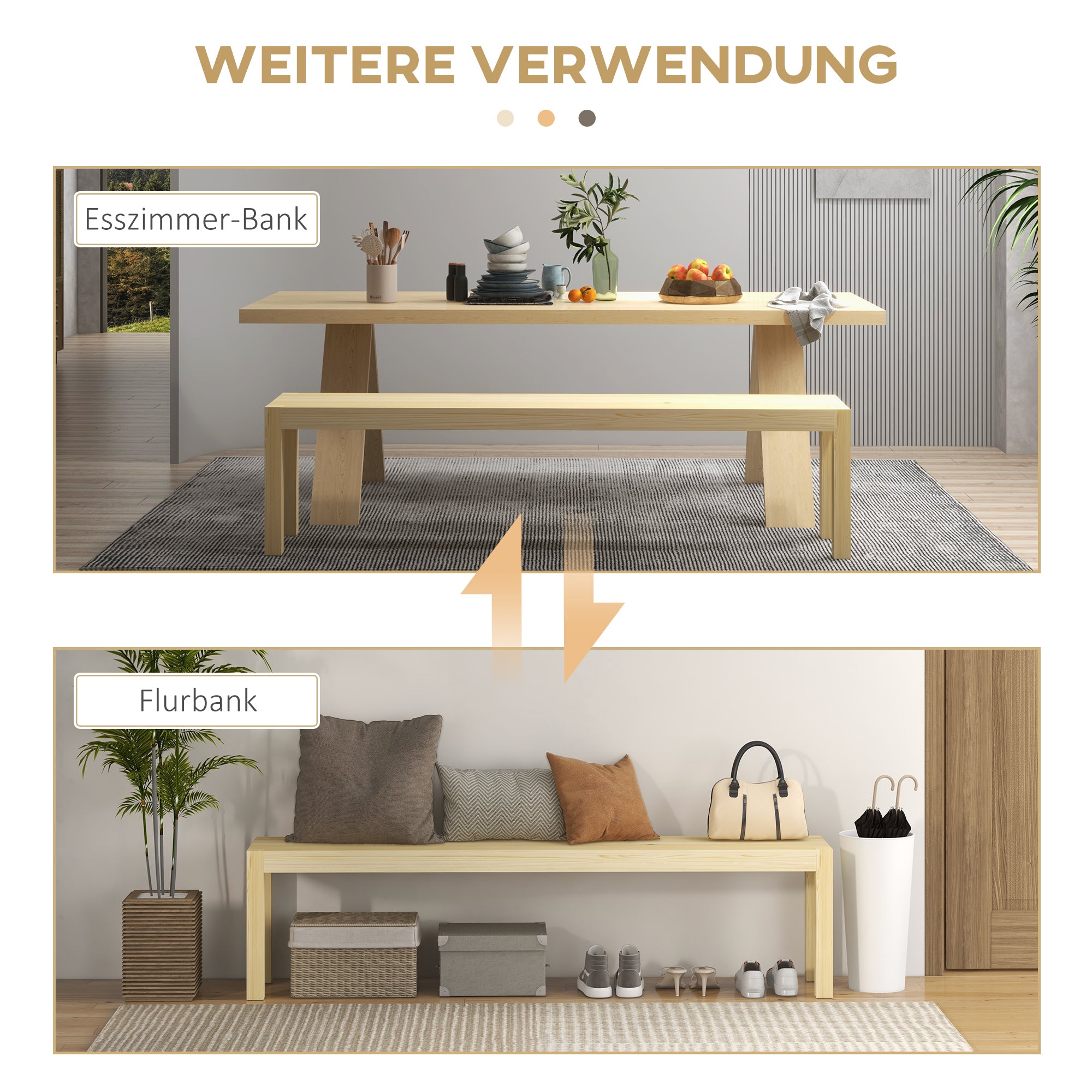 3-Seater Wooden Bench Country Style, Bench for Living Room, Kitchen, Entrance, Pine Wood, Load Capacity up to 330 kg, 175 x 33 x 45 cm, Natural