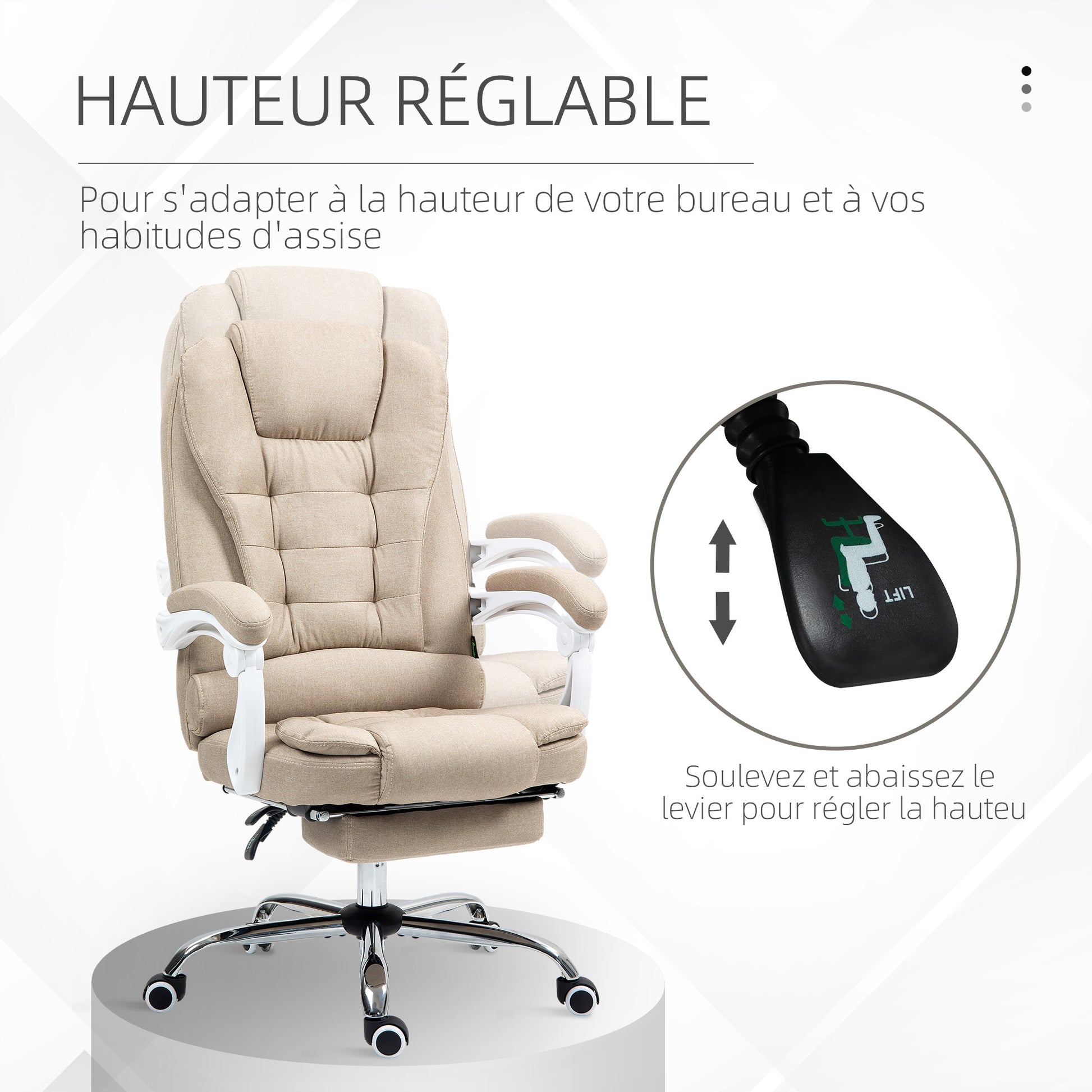 Ergonomic Office Chair, Office Chair with Footrest, Reclining Backrest, Padded Armrests, Linen-Like Beige Fabric