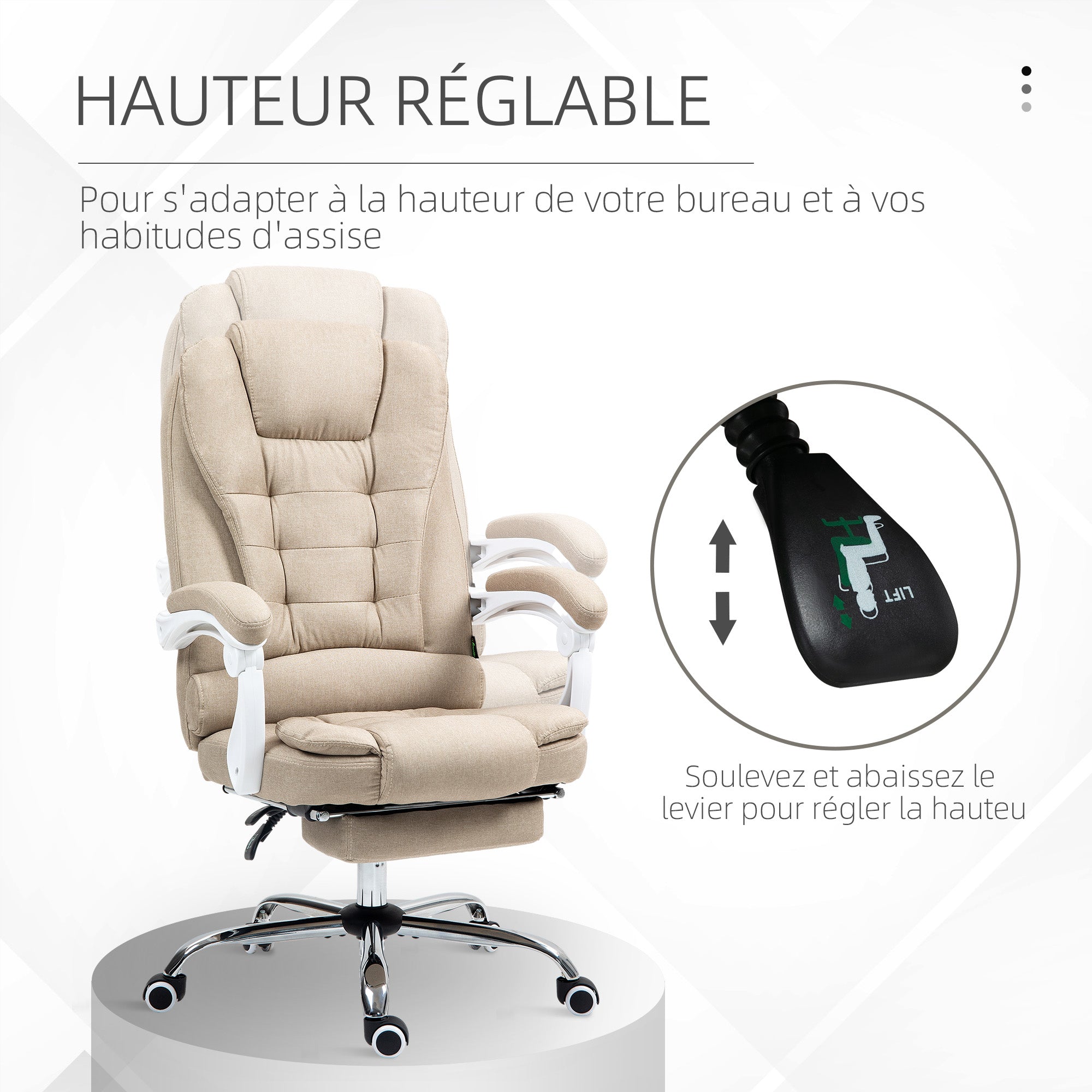 Ergonomic Office Chair, Office Chair with Footrest, Reclining Backrest, Padded Armrests, Linen-Like Beige Fabric