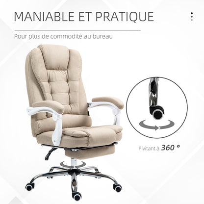 Ergonomic Office Chair, Office Chair with Footrest, Reclining Backrest, Padded Armrests, Linen-Like Beige Fabric