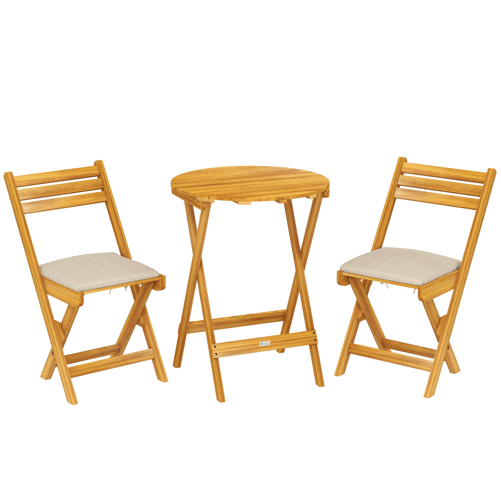 3-Piece Folding Balcony Set — FSC Acacia Wood Round Table & 2 Chairs with Breathable Slatted Seats and Cushions, Natural Wood
