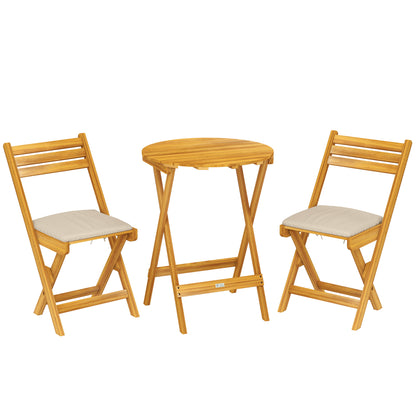 3-Piece Folding Balcony Set — FSC Acacia Wood Round Table & 2 Chairs with Breathable Slatted Seats and Cushions, Natural Wood