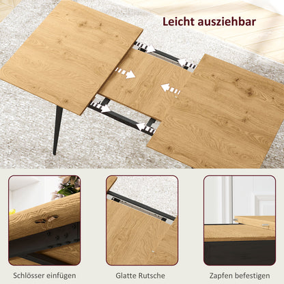 Extendable Dining Table 120/160 x 75 cm Kitchen Table for 6-8 Persons, Modern Dining Table with Steel Legs, Natural