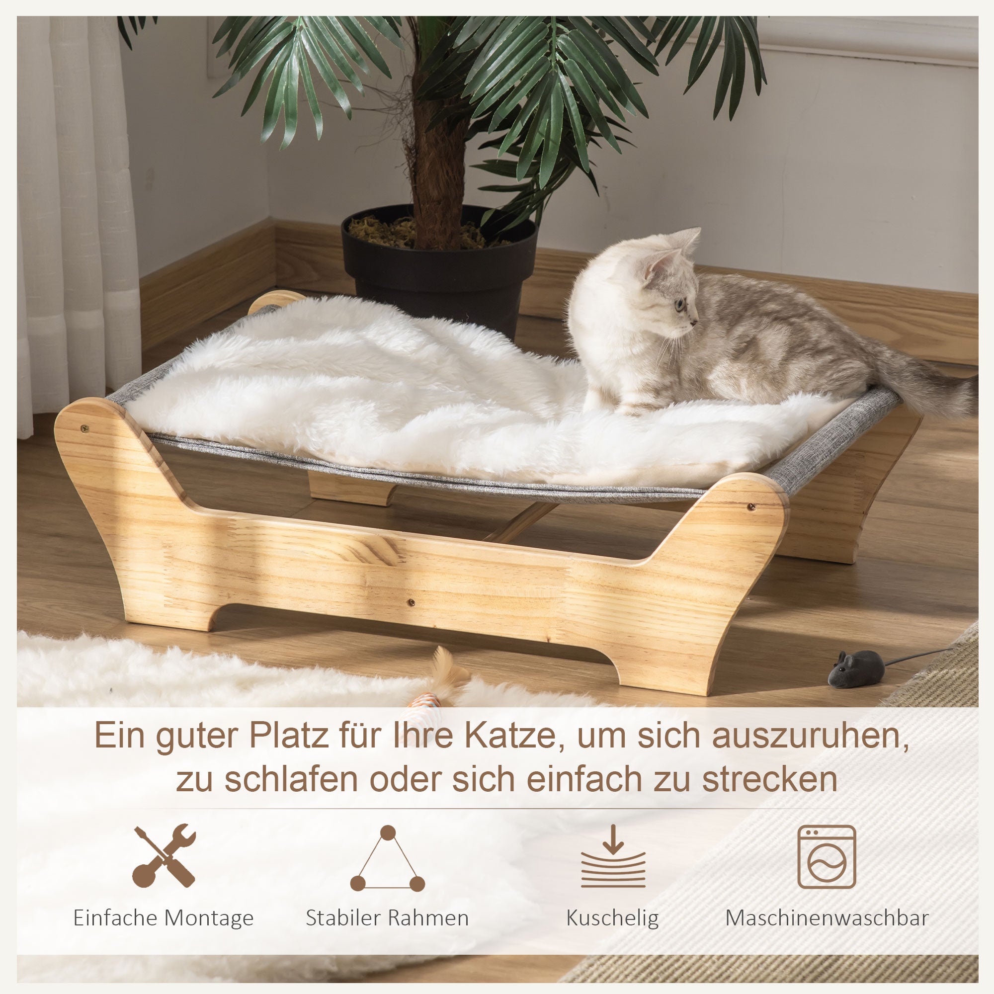 Cat Bed with Frame Hammock for Cats Elevated Cat Nest with Soft Cushion Pine Wood Natural 68 x 43 x 20 cm