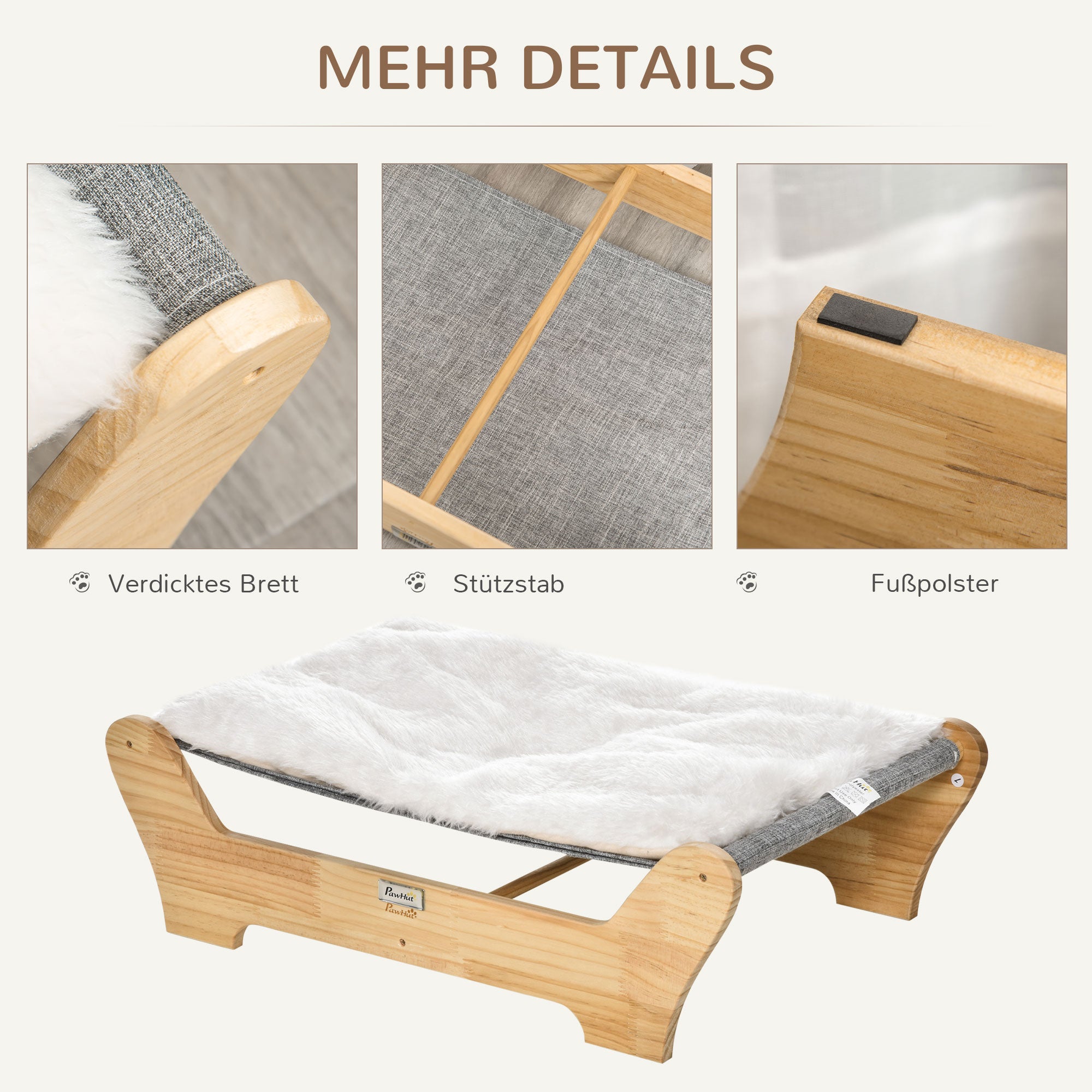 Cat Bed with Frame Hammock for Cats Elevated Cat Nest with Soft Cushion Pine Wood Natural 68 x 43 x 20 cm