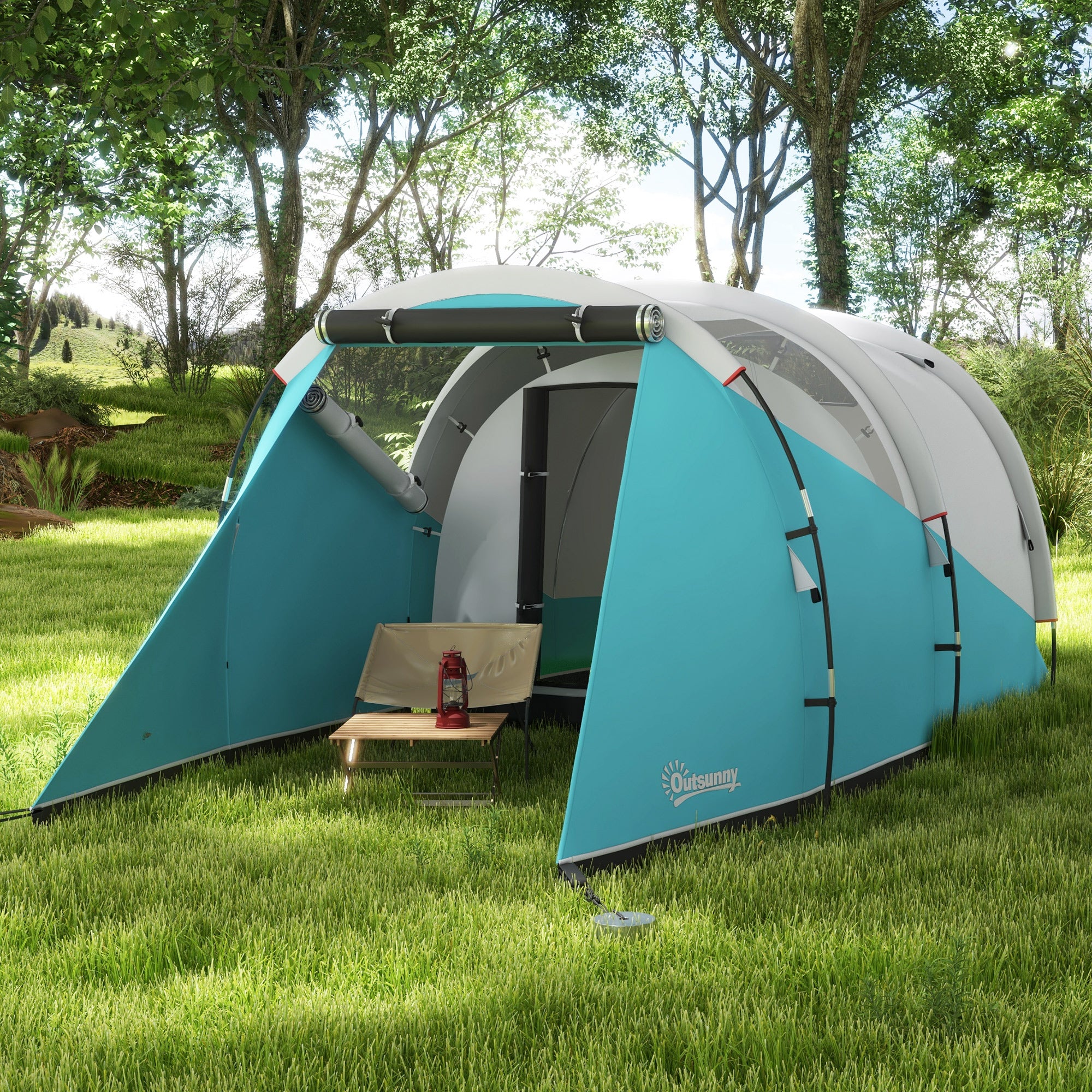 Tunnel Tent, Camping Tent for 5 People, Family Tent with 2 Rooms, Carrying Bag, 3000mm Waterproof Group Tent, for Garden, Campsite, Blue