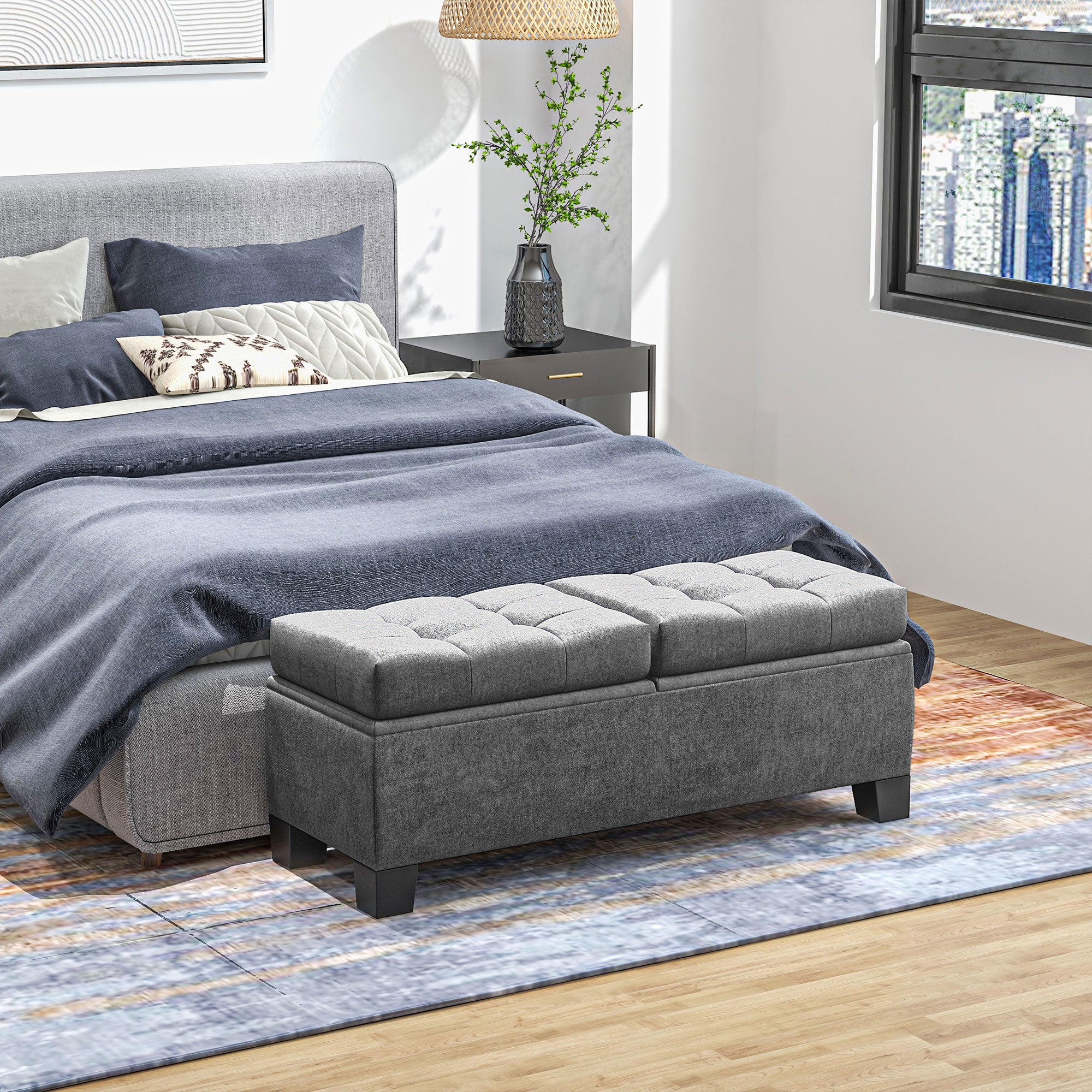Button Tufted Fabric Storage Ottoman Bench for Entryway and Bedroom, 116x41x47cm, Grey