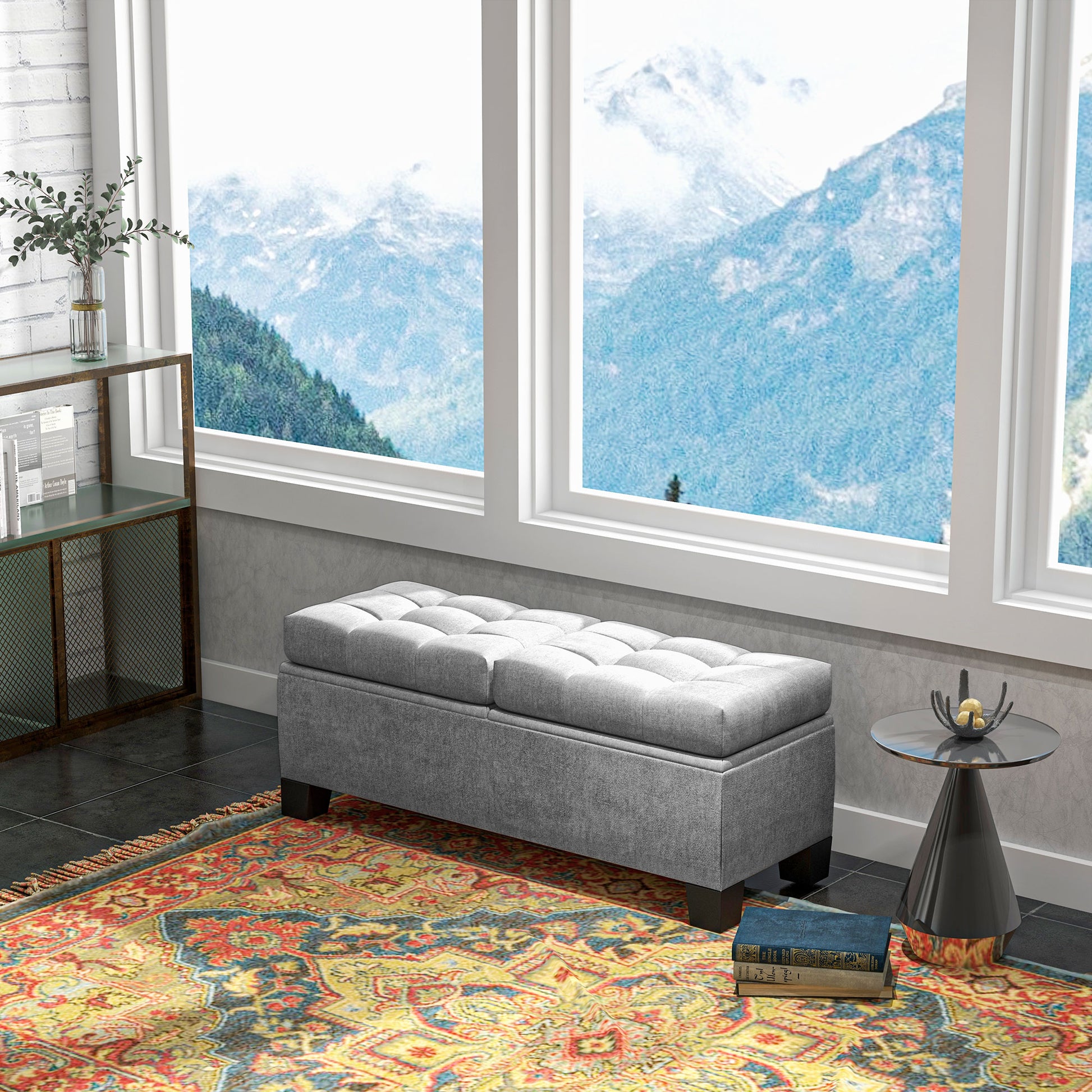 Button Tufted Fabric Storage Ottoman Bench for Entryway and Bedroom, 116x41x47cm, Grey