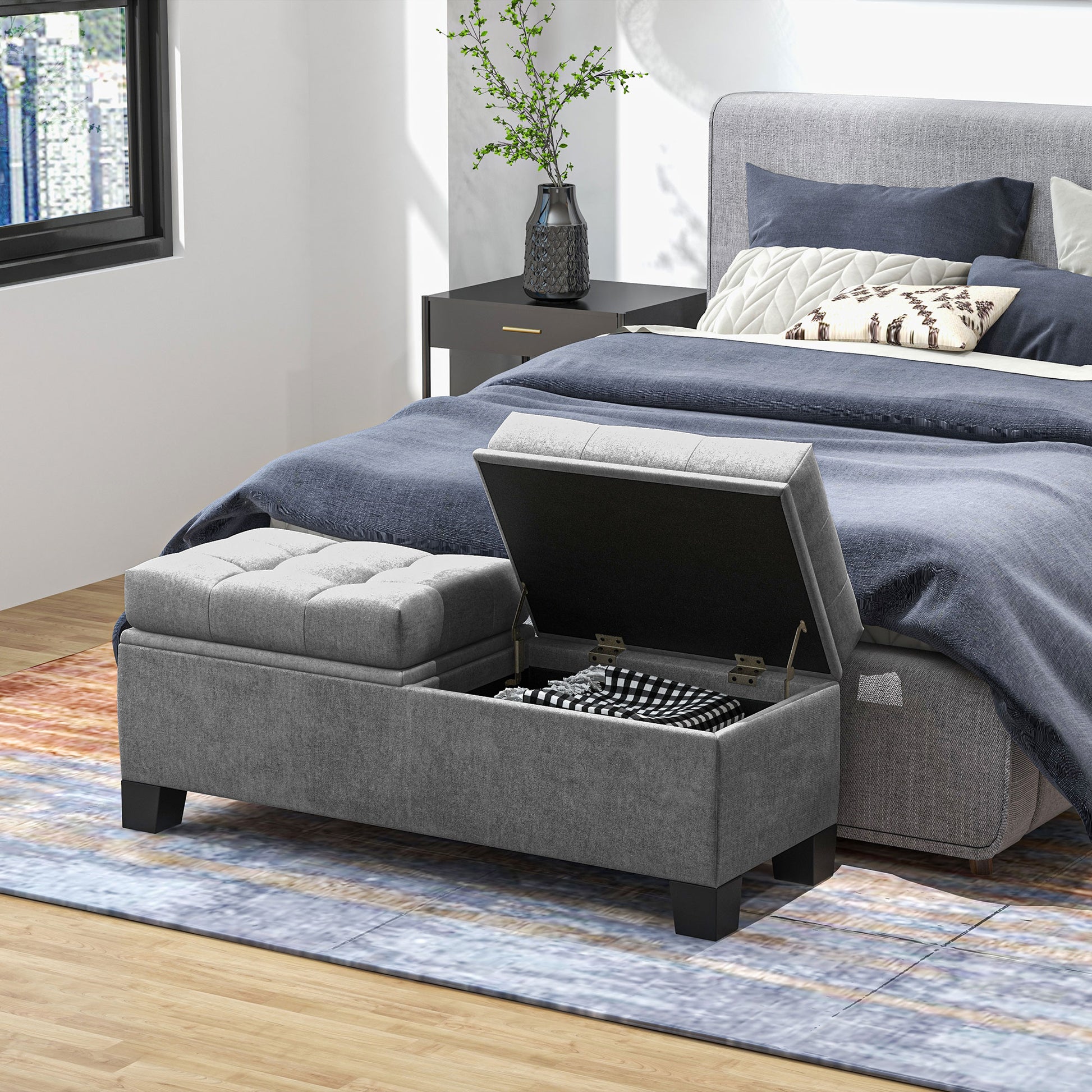 Button Tufted Fabric Storage Ottoman Bench for Entryway and Bedroom, 116x41x47cm, Grey