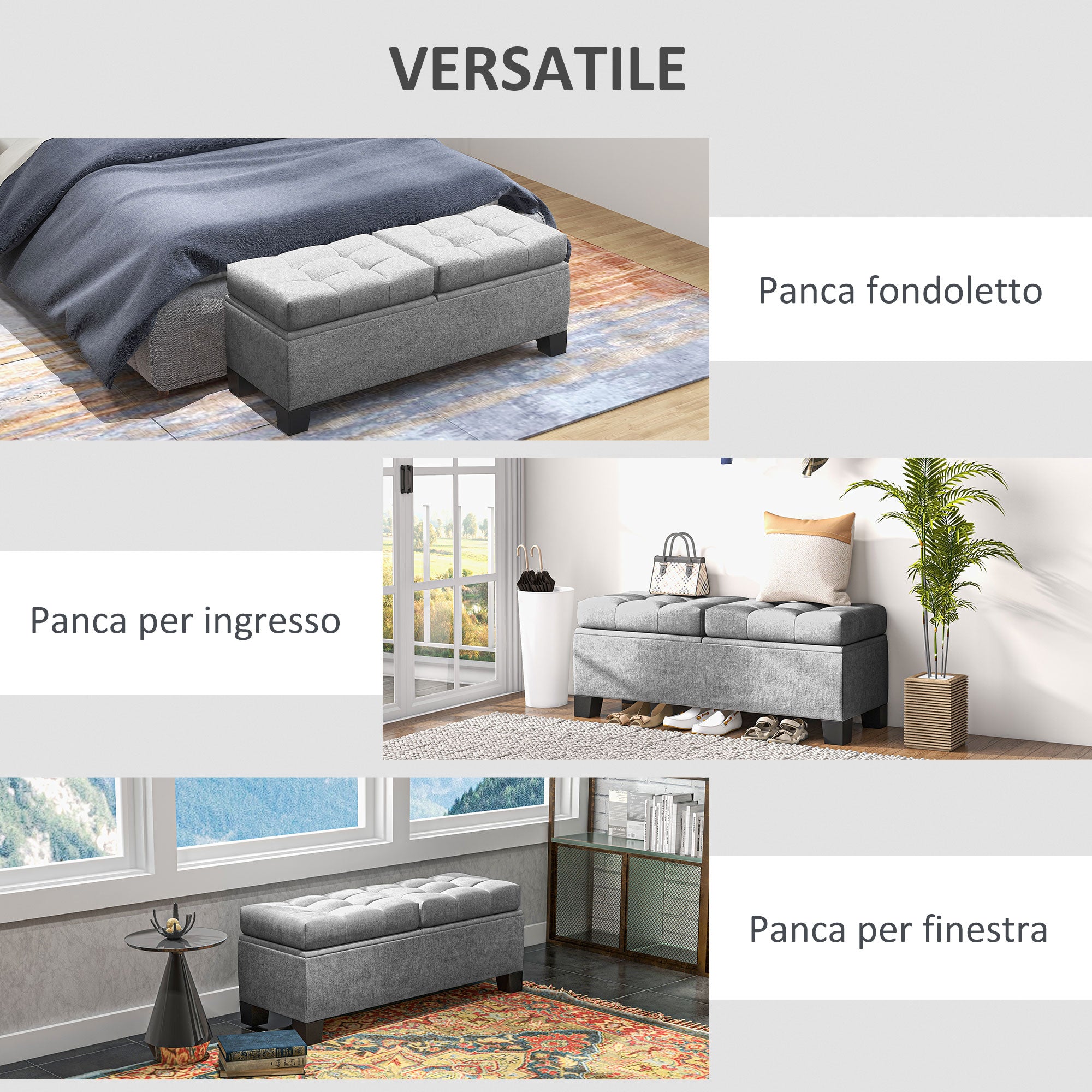 Button Tufted Fabric Storage Ottoman Bench for Entryway and Bedroom, 116x41x47cm, Grey