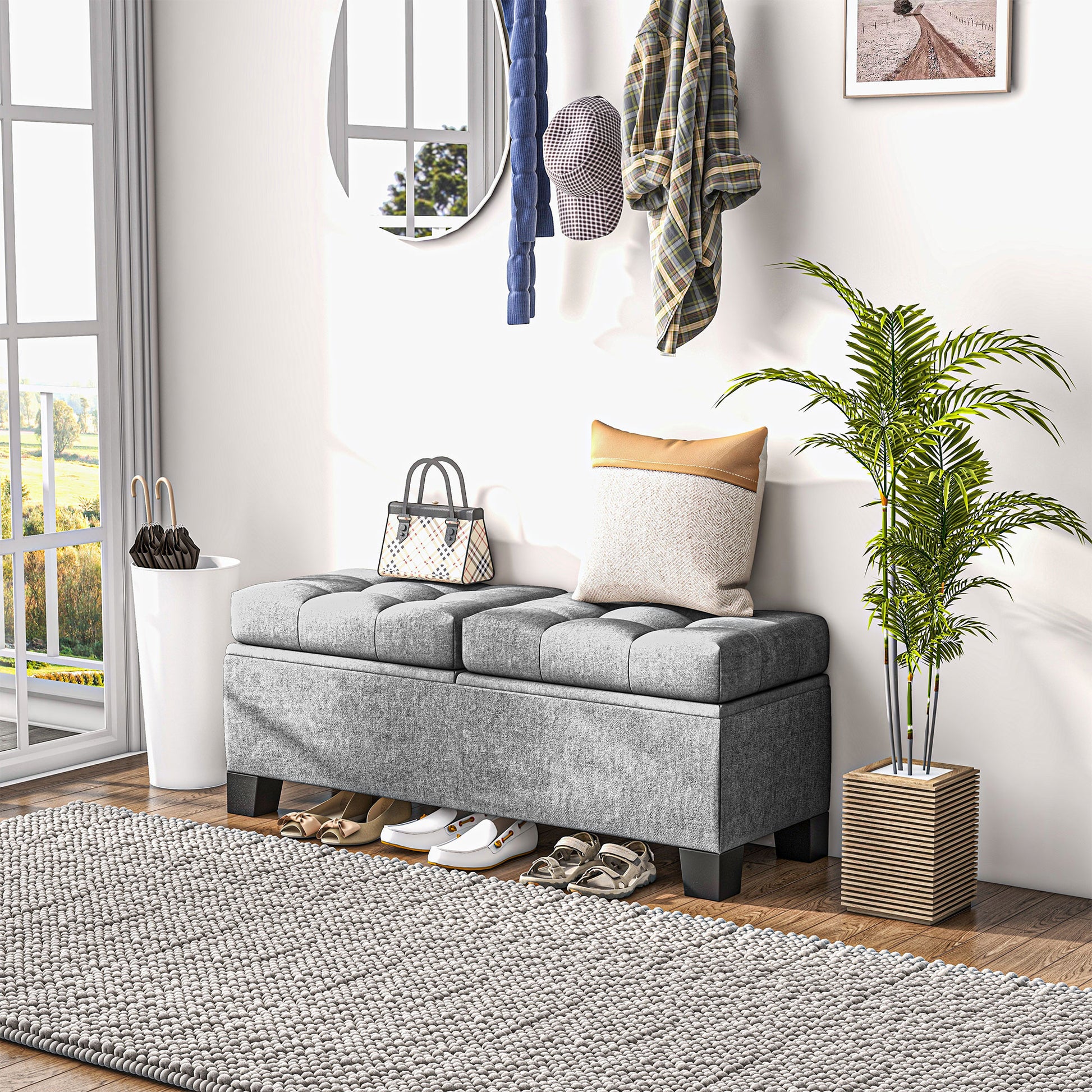Button Tufted Fabric Storage Ottoman Bench for Entryway and Bedroom, 116x41x47cm, Grey