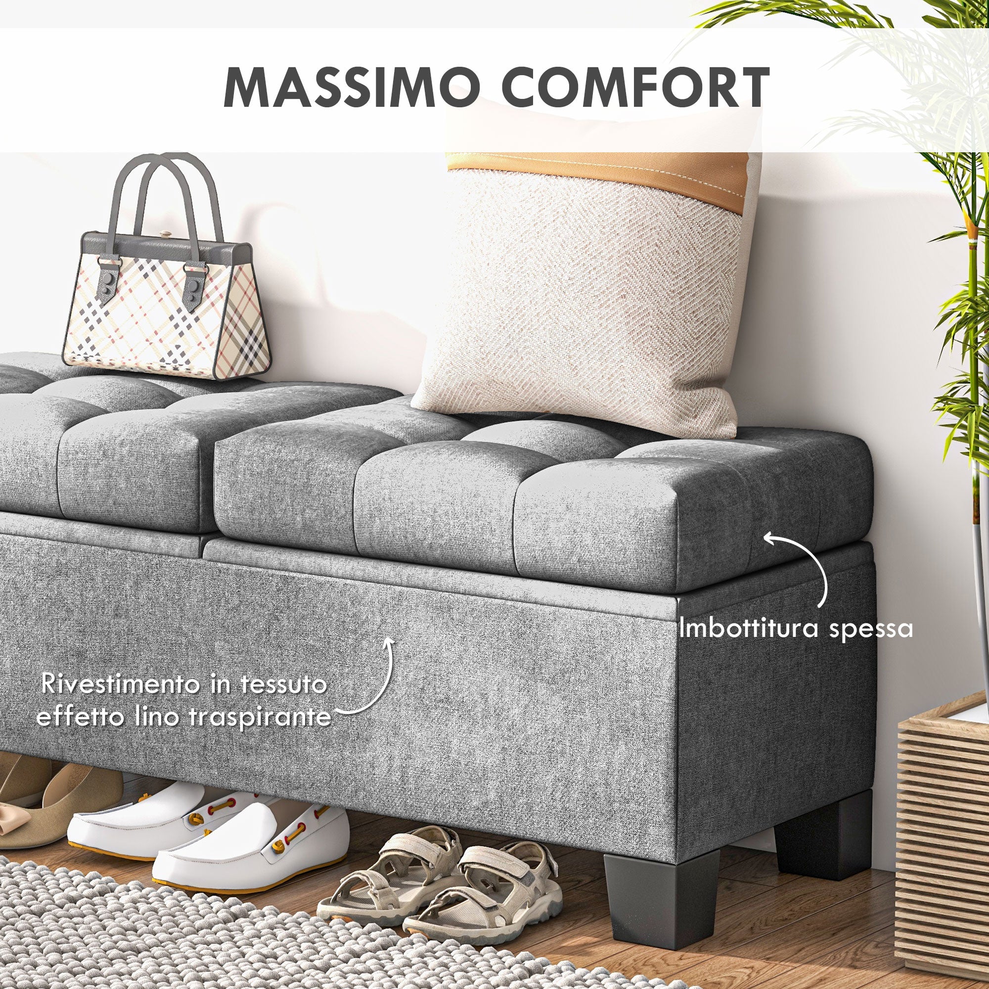 Button Tufted Fabric Storage Ottoman Bench for Entryway and Bedroom, 116x41x47cm, Grey