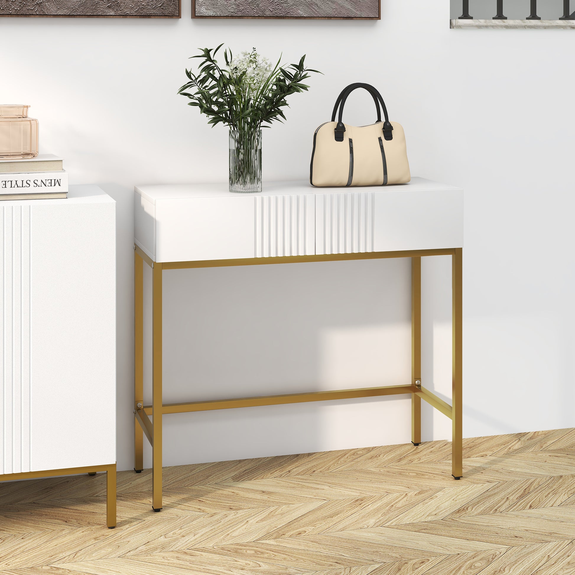 Console Table, Console Furniture, with 2 Drawers, Steel Frame, Entry Console, with Non-Slip Feet, for Entryway, Living Room, White