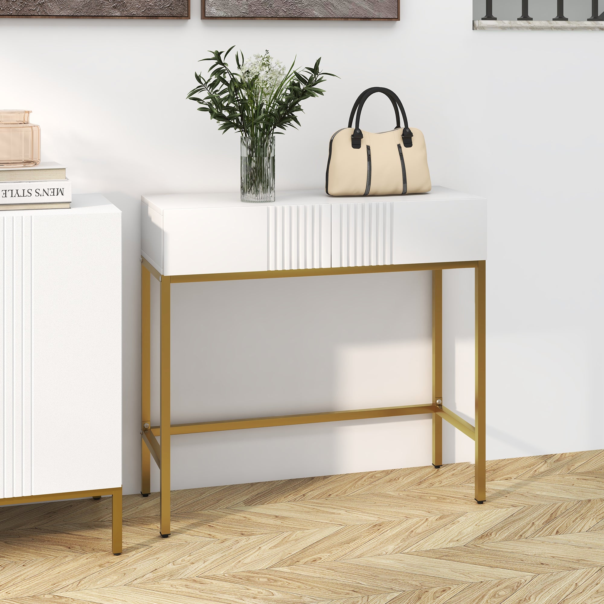 Console Table, Console Furniture, with 2 Drawers, Steel Frame, Entry Console, with Non-Slip Feet, for Entryway, Living Room, White