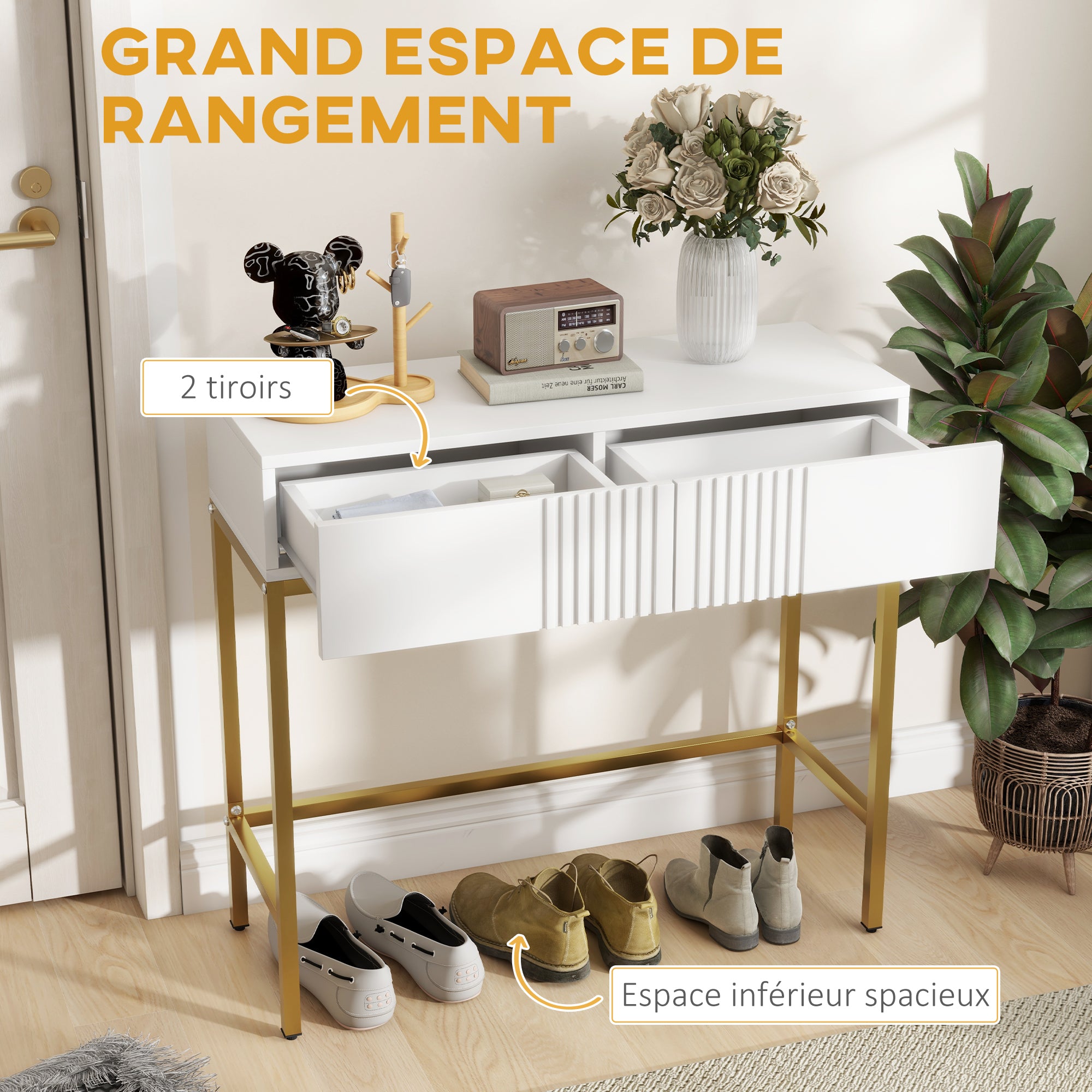 Console Table, Console Furniture, with 2 Drawers, Steel Frame, Entry Console, with Non-Slip Feet, for Entryway, Living Room, White