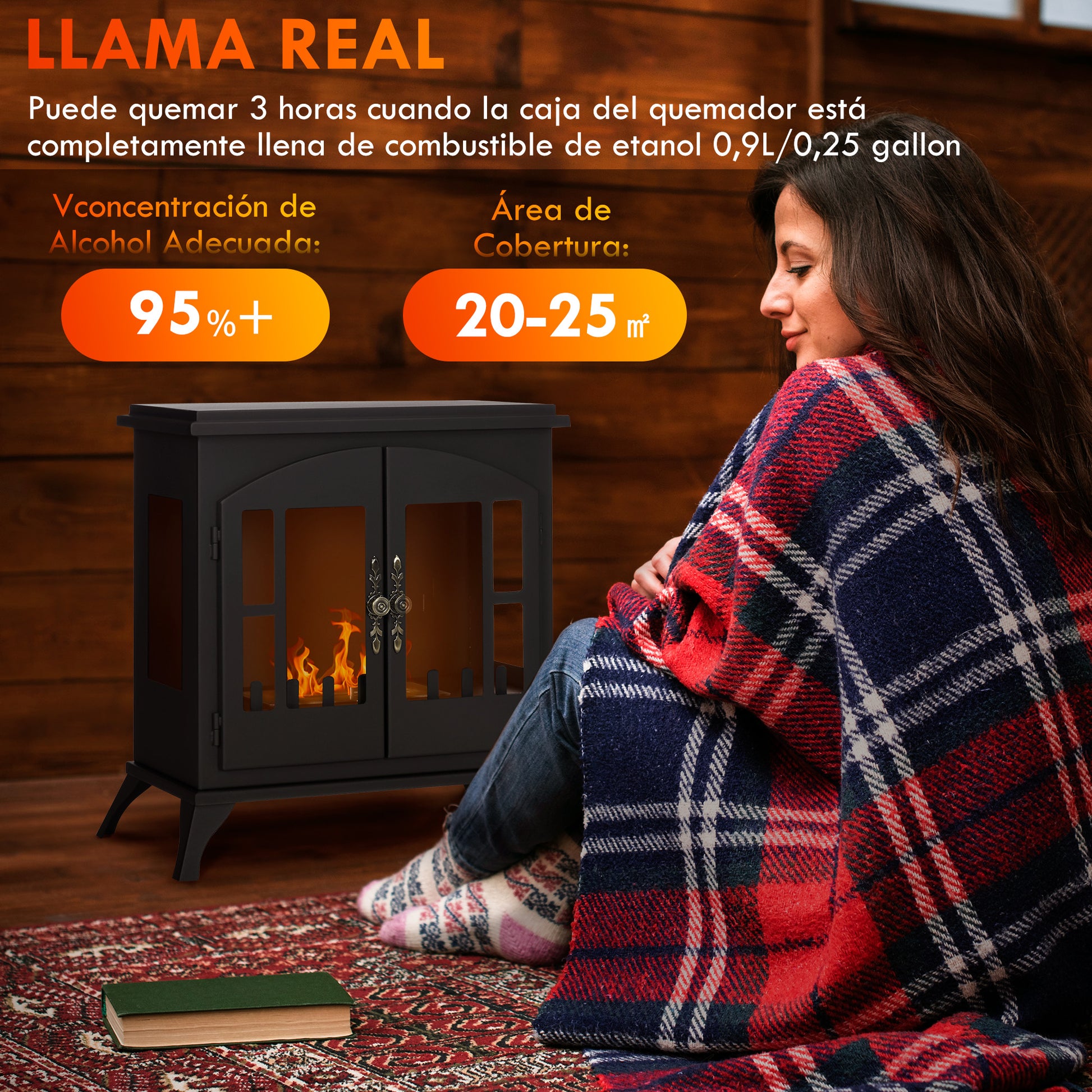 Bioethanol Fireplace Freestanding Bioethanol Stove with 0.9 L Stainless Steel Flame Extinguisher Combustion Time 3H for Indoors 20-25 m² 55x31x55 cm Black