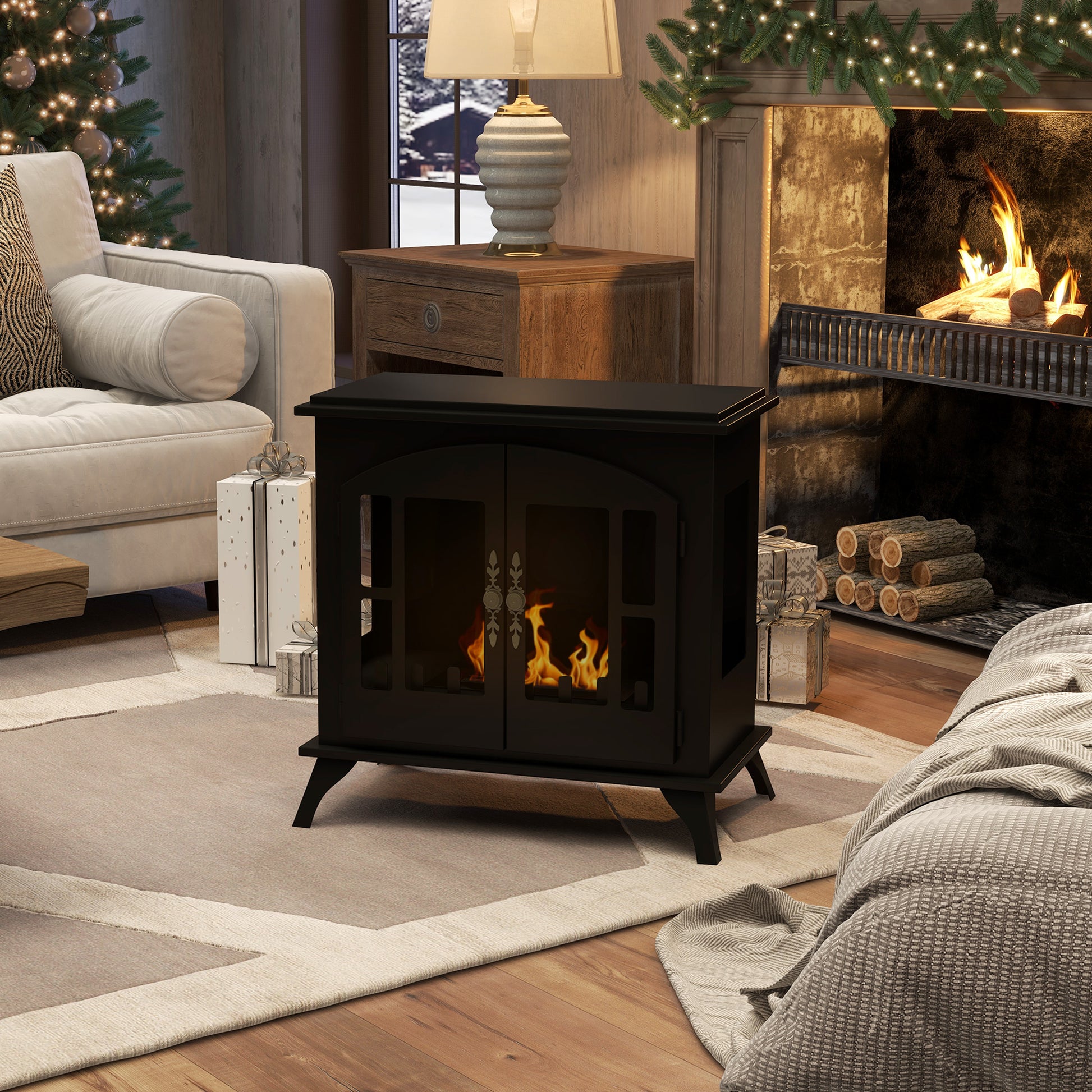Bioethanol Fireplace Freestanding Bioethanol Stove with 0.9 L Stainless Steel Flame Extinguisher Combustion Time 3H for Indoors 20-25 m² 55x31x55 cm Black