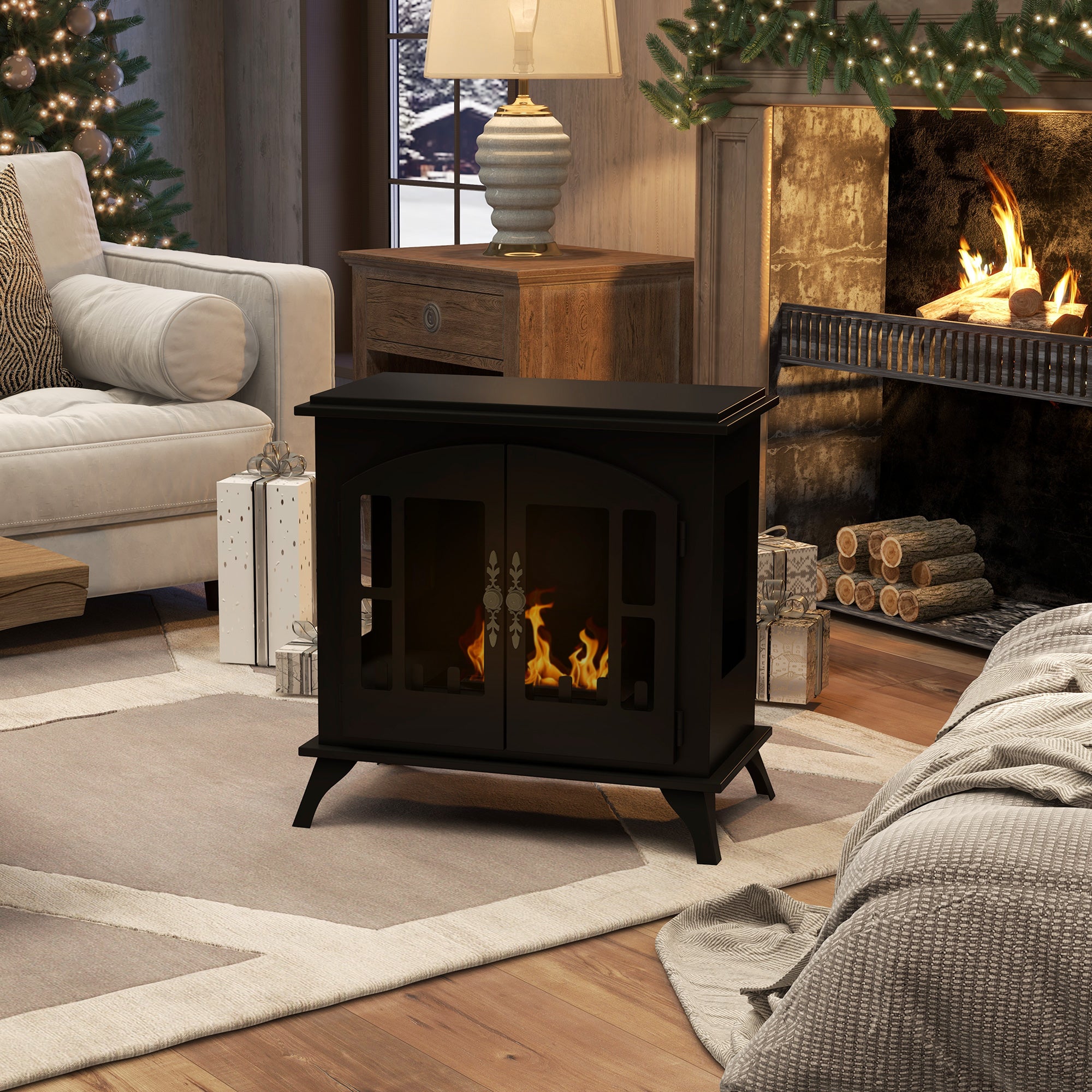 Bioethanol Fireplace Freestanding Bioethanol Stove with 0.9 L Stainless Steel Flame Extinguisher Combustion Time 3H for Indoors 20-25 m² 55x31x55 cm Black