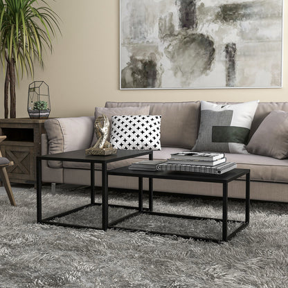 Set of 2 Modifiable Rectangular Nesting Coffee Tables Industrial Style Set of 2 Matte Black Steel Living Room Nesting Tables
