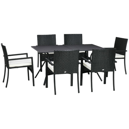 Rattan and Steel Garden Table Set with 7 Pieces, Garden Lounge with 6 Outdoor Armchairs, Washable Cushions and Dining Table, Black