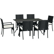Rattan and Steel Garden Table Set with 7 Pieces, Garden Lounge with 6 Outdoor Armchairs, Washable Cushions and Dining Table, Black