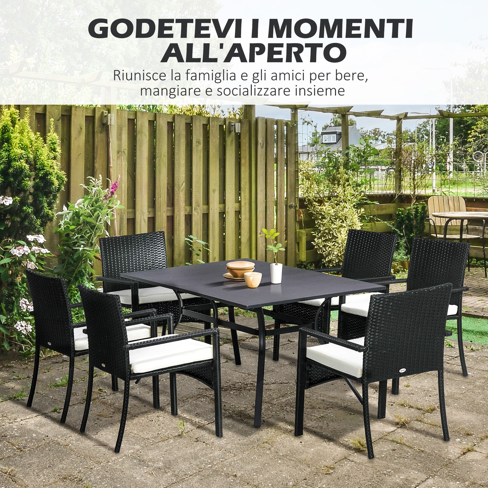 Rattan and Steel Garden Table Set with 7 Pieces, Garden Lounge with 6 Outdoor Armchairs, Washable Cushions and Dining Table, Black
