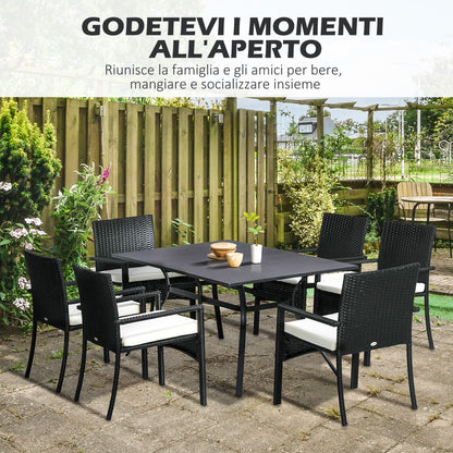 Rattan and Steel Garden Table Set with 7 Pieces, Garden Lounge with 6 Outdoor Armchairs, Washable Cushions and Dining Table, Black