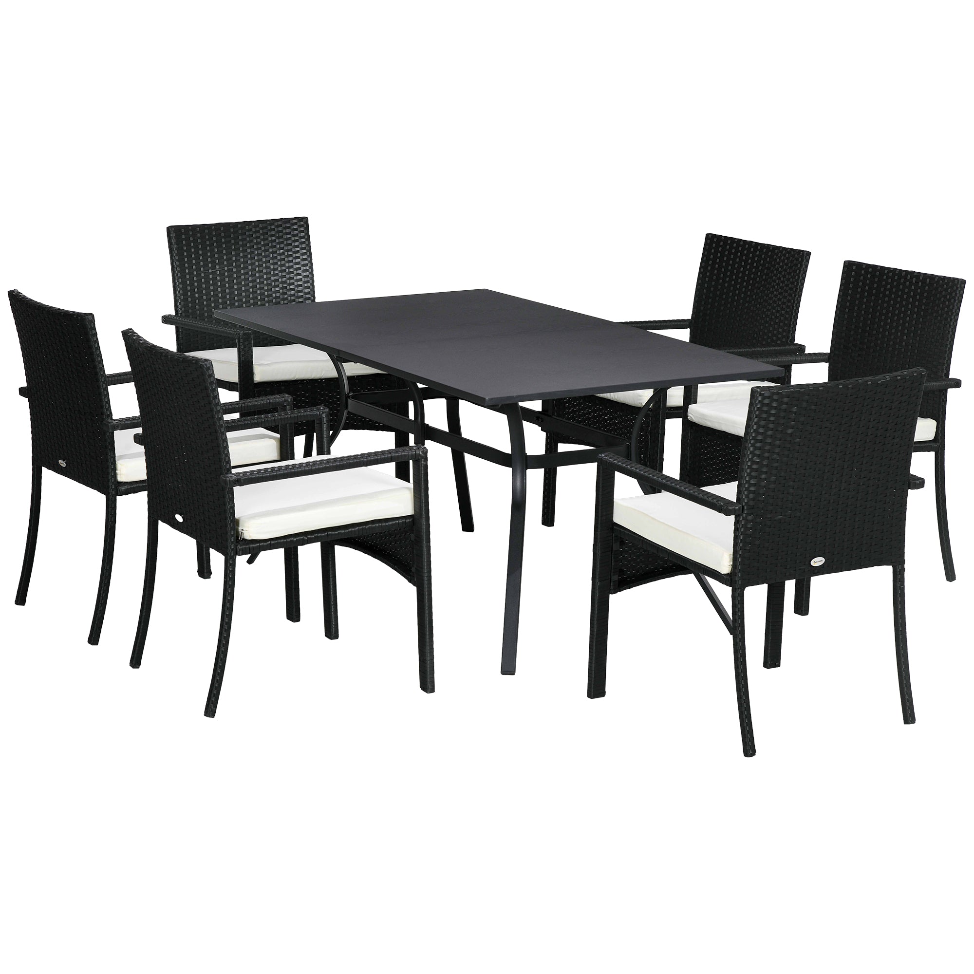Rattan and Steel Garden Table Set with 7 Pieces, Garden Lounge with 6 Outdoor Armchairs, Washable Cushions and Dining Table, Black