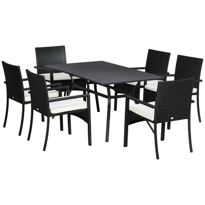 Rattan and Steel Garden Table Set with 7 Pieces, Garden Lounge with 6 Outdoor Armchairs, Washable Cushions and Dining Table, Black