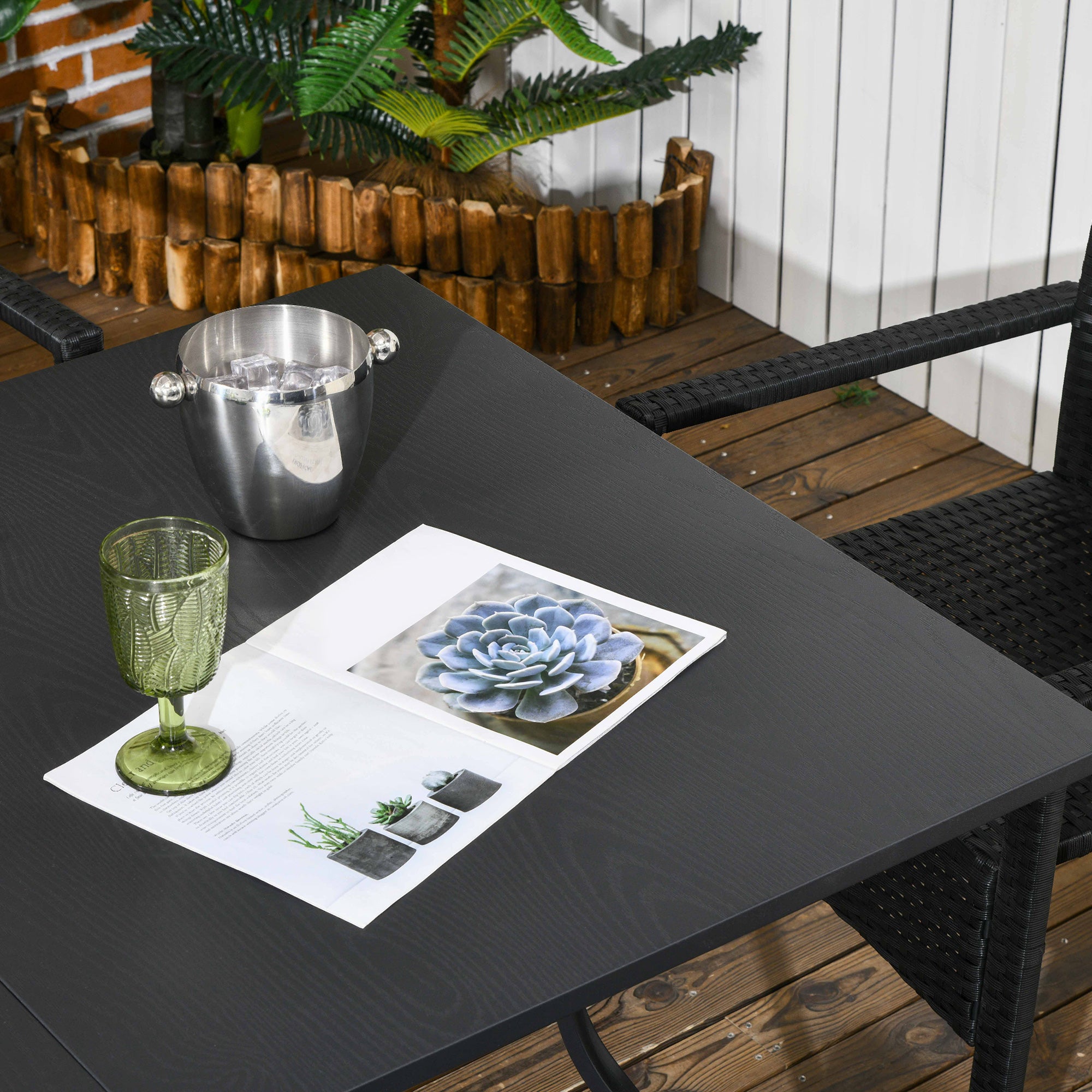 Rattan and Steel Garden Table Set with 7 Pieces, Garden Lounge with 6 Outdoor Armchairs, Washable Cushions and Dining Table, Black