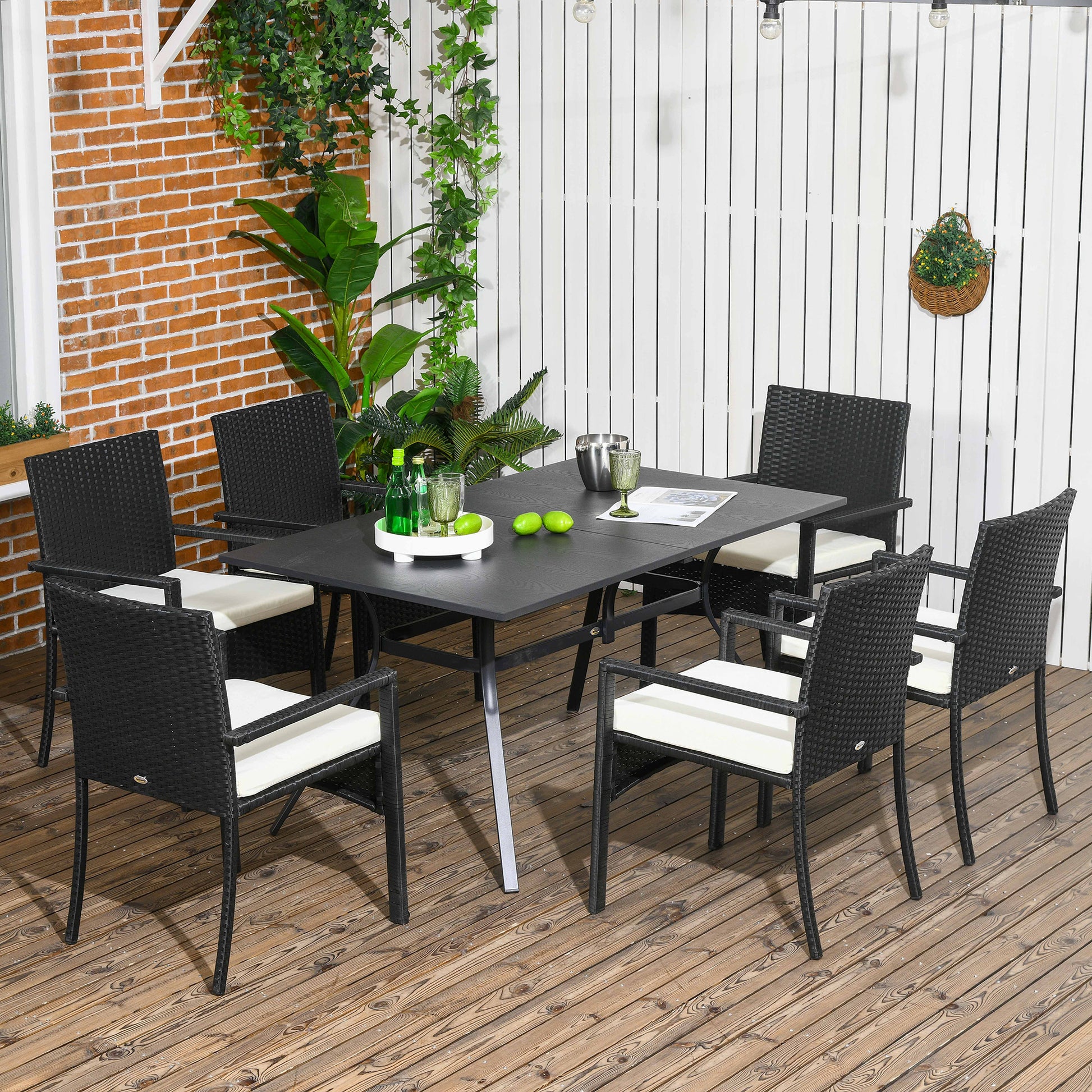 Rattan and Steel Garden Table Set with 7 Pieces, Garden Lounge with 6 Outdoor Armchairs, Washable Cushions and Dining Table, Black