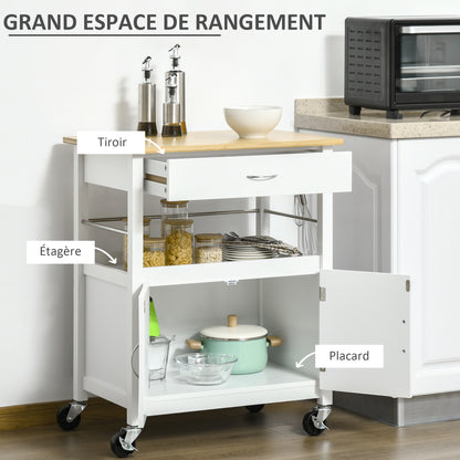Multi-Storage Kitchen Trolley - dim. 73L x 50W x 91H cm - metal handles MDF white bamboo wood veneer top