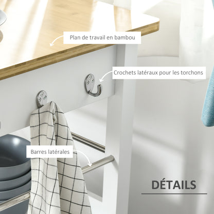 Multi-Storage Kitchen Trolley - dim. 73L x 50W x 91H cm - metal handles MDF white bamboo wood veneer top