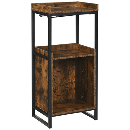 Industrial Design Wine Rack Shelf with 9-Bottle Wine Rack and Integrated Wine Glass Holder Black Metal Old Wood Grain Look