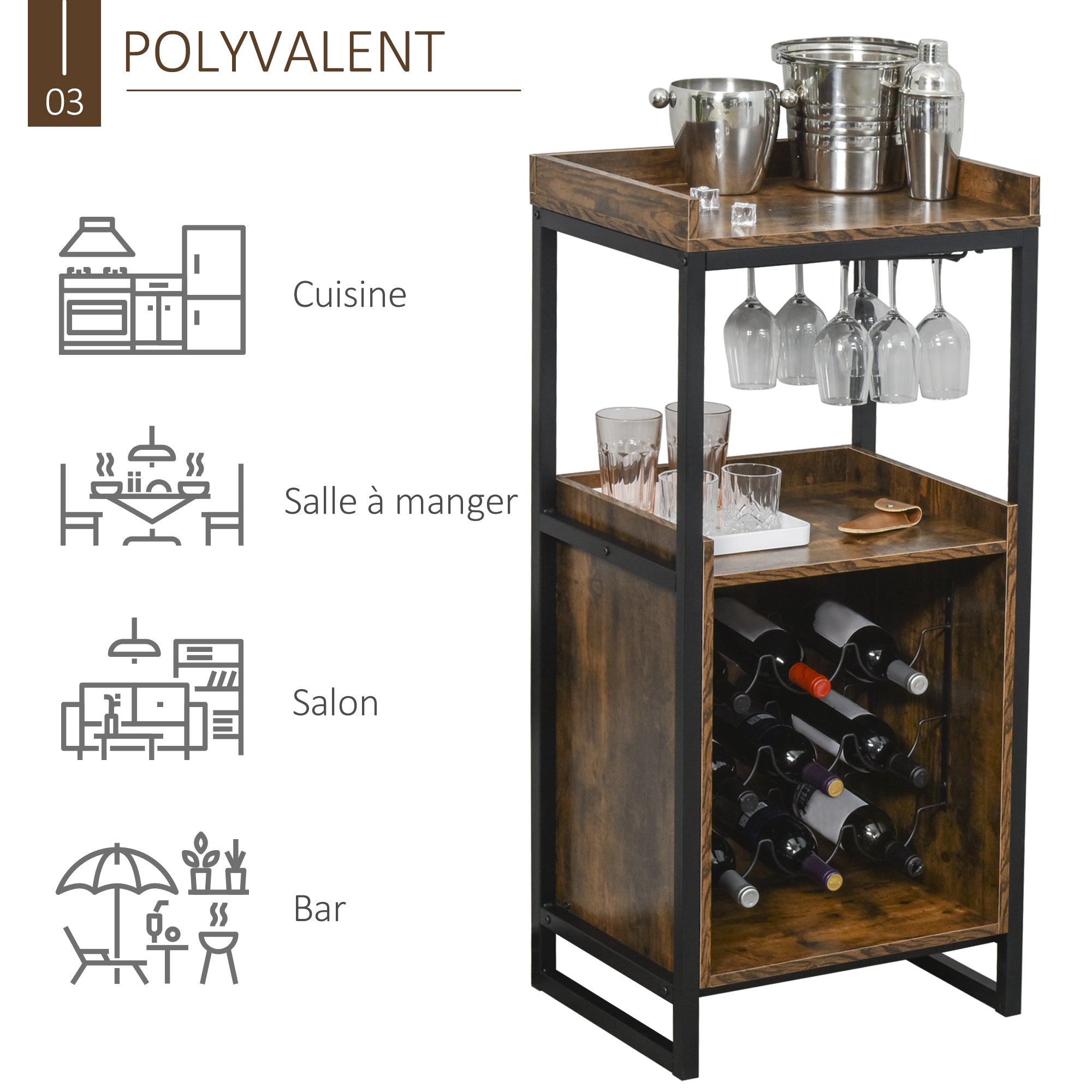 Industrial Design Wine Rack Shelf with 9-Bottle Wine Rack and Integrated Wine Glass Holder Black Metal Old Wood Grain Look