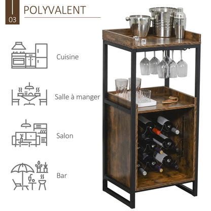 Industrial Design Wine Rack Shelf with 9-Bottle Wine Rack and Integrated Wine Glass Holder Black Metal Old Wood Grain Look